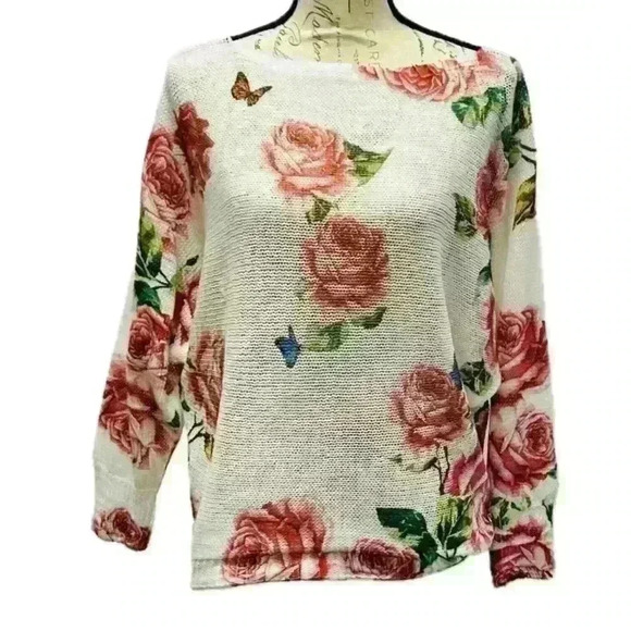 Leonardo sweater white with roses size small - Picture 1 of 13